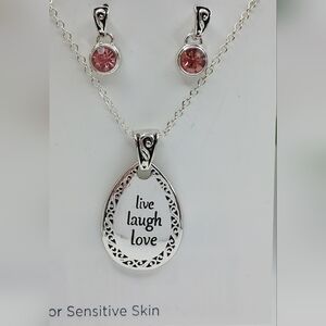 Silver and Pink Pendant Live Laugh Love Necklace Set NWT
